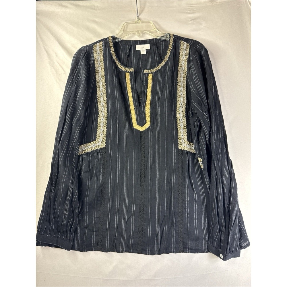 J Jill Tunic Blouse M Black Pinstripe Embroidery Notch Neck Boho Top